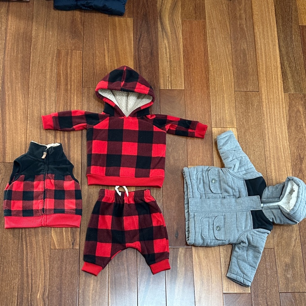 Red and Black Plaid vest and Sweatsuit. Grey/Black Jacket
